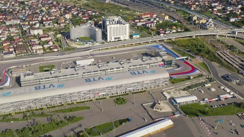 Sochi, Russia - September 6, 2021: Sochi Autodrom. Main stands. Olympic Sochi Park. Morning hours, Aerial View
