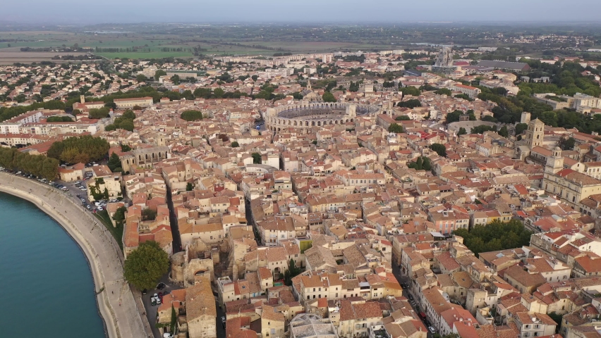 View from drone of ancient city Arles and roman amphitheatre, France