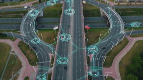 Aerial view of Self Driving Autonomous Cars with HUD-Elements on City ​​Multi-Level Highway. Futuristic Intelligent Traffic Detection System. Concept of Smart Transportation. - Powered by Shutterstock - Get 15% off with code: PIKWIZARD15