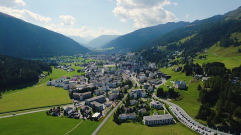 Aerial view of the city Davos in Switzerland on a sunny day in summer.