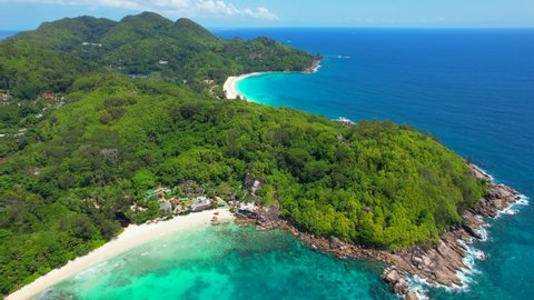 29.10.21 Mahe Seychelles drone shot of Anse intendance and anse takamaka,2 amazing beaches of the southern area of Mahe,  amazing beaches with Cristal clear water and white powdered sand