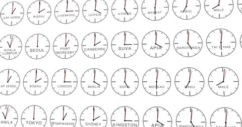 Wall Clock with different time zone with city name on clock face. Clock animation. Seamless motion animated footage, black background, time concept. Move over many clocks, 24 hour spinning Time lapse.