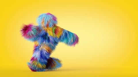 looping 3d animation, dancing colorful hairy monster, funny mascot having fun, furry toy isolated on yellow background