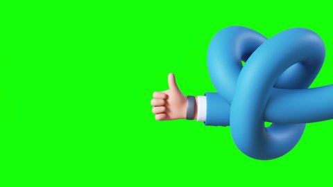 set of 3d animations isolated on green background, animated businessman cartoon character flexible hands appearing. Pointing finger and thumb up like gesture