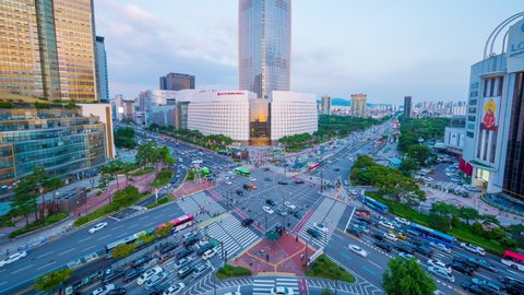 Time-lapse, Traffic intersection in Jamsil business district of Seoul at Seoul city, South Korea. 2021 September 12.