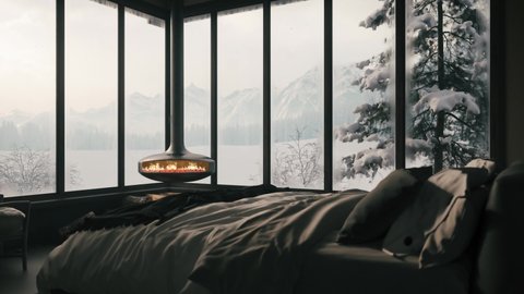 Cozy apartment in a winter hotel. Beautiful winter landscape outside the window. 3d visualization