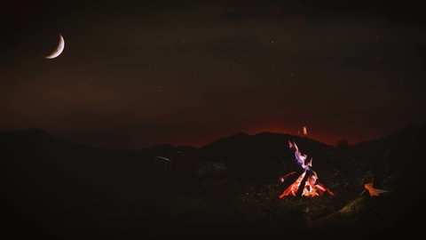 Camping in the forest - crescent moon, twinkling stars and bonfire
