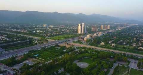Islamabad, Pakistan - March, 2020: Beautiful Aerial View of Blue Area Lush Green Drone View with Beautiful Margalla Hills at the Background