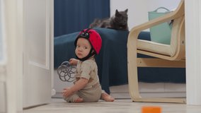 Curious toddler wearing baby safety helmet exploring all around the house, domestic cat watching play of kid, 7 month old baby boy crawling sitting on the floor touching everything. 4k footage