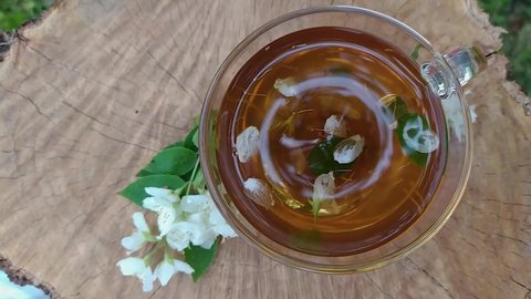 Cup of green tea with flowers jasmine. Jasmine tea and jasmine flowers on wooden background. Jasmine Flower and Leaf. Slow motion pour tea in a cup and hand teaspoon stir close up.