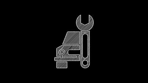 White line Car service icon isolated on black background. Auto mechanic service. Repair service auto mechanic. Maintenance sign. 4K Video motion graphic animation.