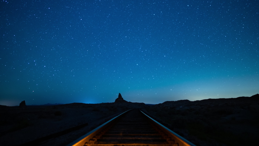 Startrails Over Train Track in Desert Astrophotography Time Lapse Mojave Desert California USA