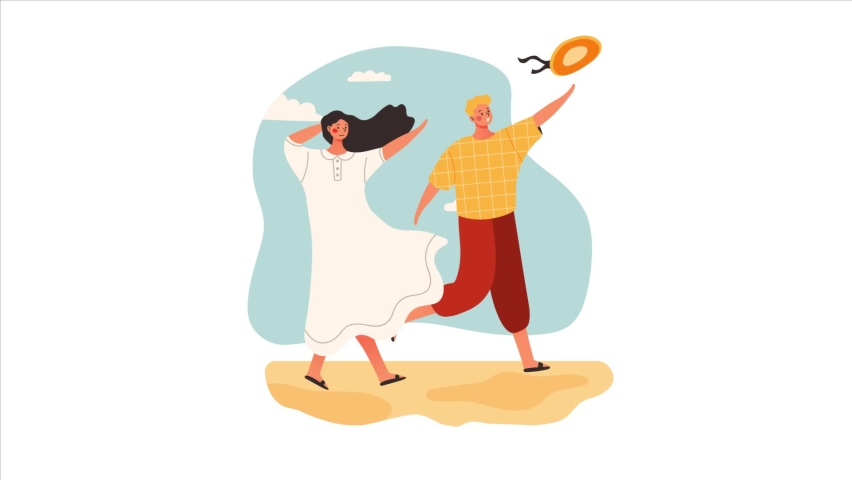 Lovely couple dressed in casual clothes fly a kite to the sky in windy weather condition. Colorful summer scenery. Animated cartoon concept.