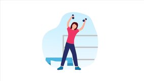 Woman make exercises with dumbbells in gym. Healthy lifestyle concept, person doing physical exercises that enjoy sport activity. Orthopedic therapy rehabilitation.