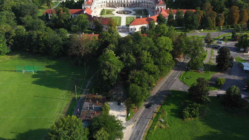Drone footage of Palace Esterházy Kastléy in Hungary and courtyard