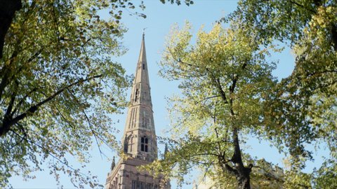 Exterior shot of the Holy Trinity Church spire in Coventry city, England
