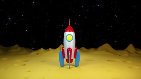 3d Rocket launch from Moon surface. Cartoon rocket start from planet with craters. 3d animation.