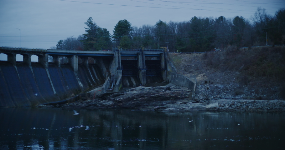 Stevenson Dam Hydroelectric Plant during winter time In Monroe, Connecticut. Filmed with a Red Helium-8K resolution-vintage Zeiss lenses.