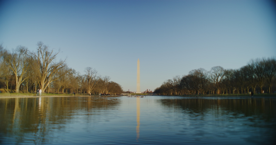 At the Lincoln Memorial looking towards the Washington Monument and reflecting pool during winter time. Red Helium camera-8k resolution-vintage Zeiss lenses in Washington DC.