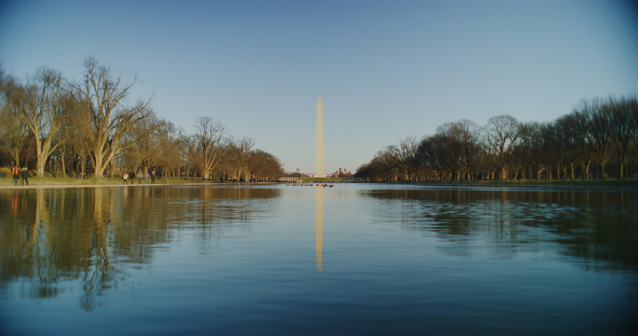 At the Lincoln Memorial looking towards the Washington Monument and reflecting pool during winter time. Red Helium camera-8k resolution-vintage Zeiss lenses in Washington DC.