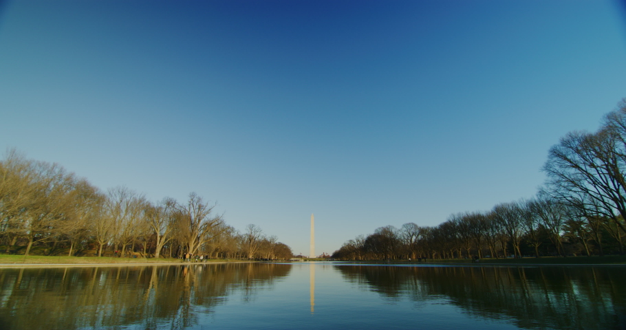At the Lincoln Memorial looking towards the Washington Monument and reflecting pool during winter time. Red Helium camera-8k resolution-vintage Zeiss lenses in Washington DC.