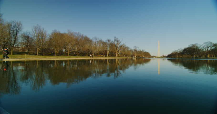 At the Lincoln Memorial looking towards the Washington Monument and reflecting pool during winter time. Red Helium camera-8k resolution-vintage Zeiss lenses in Washington DC.