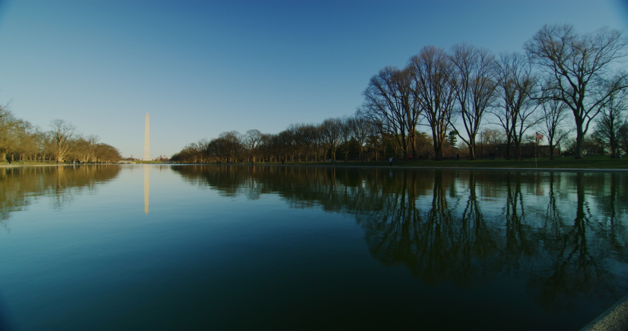 At the Lincoln Memorial looking towards the Washington Monument and reflecting pool during winter time. Red Helium camera-8k resolution-vintage Zeiss lenses in Washington DC.