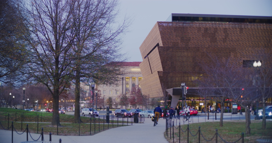 Rush hour commute at the National Mall with sunset light during winter time. Red Helium camera-8k resolution-vintage Zeiss lenses in Washington DC.