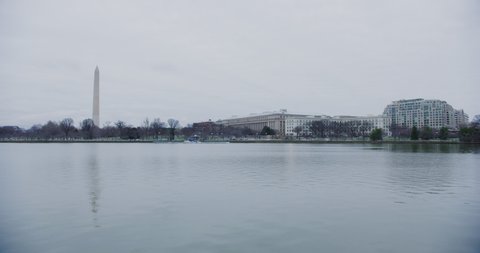 The Washington Monument and Tidal Basin during winter time. Red Helium camera-8k resolution-vintage Zeiss lenses in Washington DC.