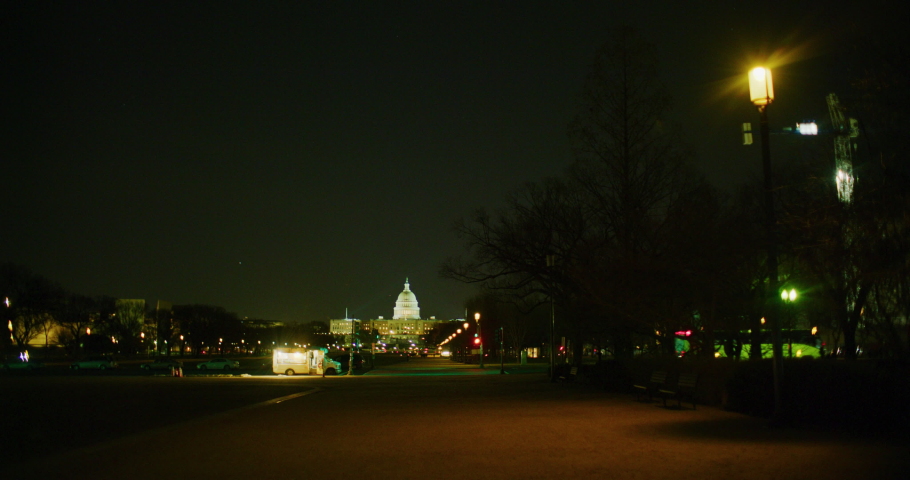 Rush hour commute at the National Mall with the US Capitol building during winter time. Red Helium camera-8k resolution-vintage Zeiss lenses in Washington DC.