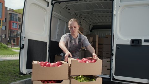 Harvest delivery to fruit market on food truck. Female worker carrying boxes of vegetables. Transport service to grocery trade from farm factory. Products supply on lorry van. Foodstuffs production