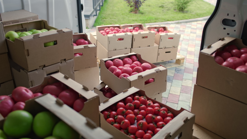 Harvest delivery to fruit market on food truck. Male worker carrying boxes of vegetables. Transport service to grocery trade from farm factory. Products supply on lorry van. Foodstuffs production Royalty-Free Stock Footage #1081639607