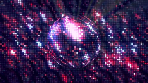 Bright background with rotating disco ball. Motion. Disco background with brilliant iridescent colors and rotating ball. Disco ball with beautiful color shimmers on repeating background