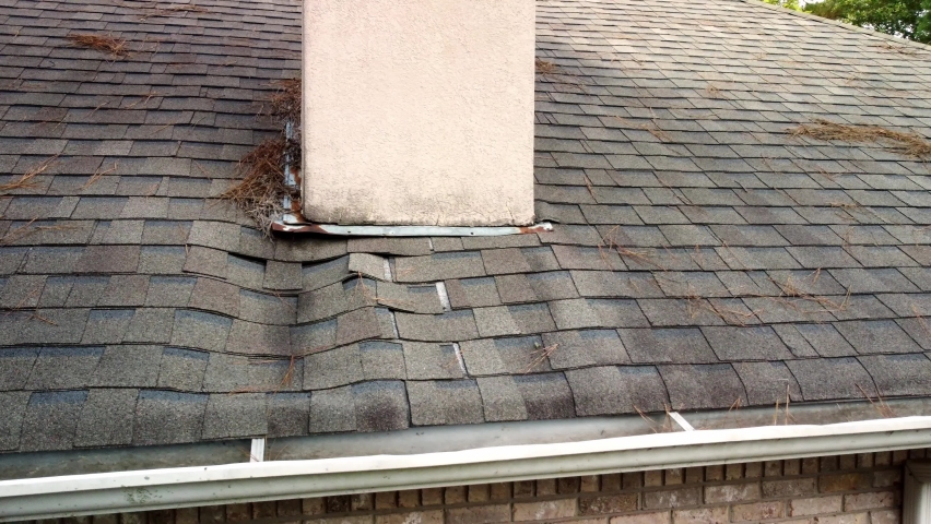 Roof and shingles damaged from water leak and leaves | Shutterstock HD Video #1081642199