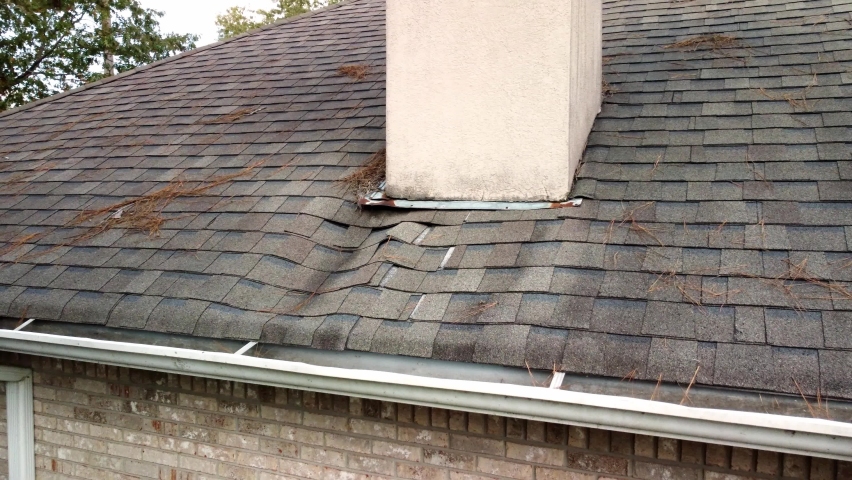 Roof and shingles damaged from water leak and leaves | Shutterstock HD Video #1081642199