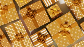 Christmas gifts top view. Golden colored patterns or present boxes, white background. Seamless loop festive, celebration 3D Render. 4K animation. Merry Christmas, Happy New Year mood holiday video