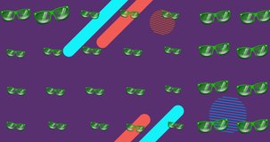Animation of green party sunglasses over shapes on purple background. vintage communication, music, party, colour and movement concept digitally generated video.
