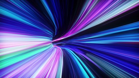 Wormhole through time and space, warp through science fiction. Abstract jump in space in hyperspace. Flying through colorful multicolored data tunnel. Seamless loop, 3d animation in 4K
