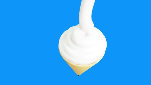 Pouring Whipped Cream. White gentle cream Down On Ice Cream Cone. 3D Animation