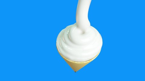 Pouring Whipped Cream. White Vanilla cream Down On Ice Cream Cone. 3D Animation