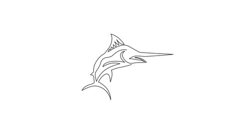 Self drawing animation of one single line draw giant marlin for fresh meat company logo. Jumping swordfish mascot concept for seafood can icon. Continuous line draw. Full length animated illustration.