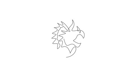 Animated self drawing of one continuous line draw cute head triceratops prehistory animal for logo identity. Dinosaurs mascot concept for prehistoric museum icon. Full length single line animation.