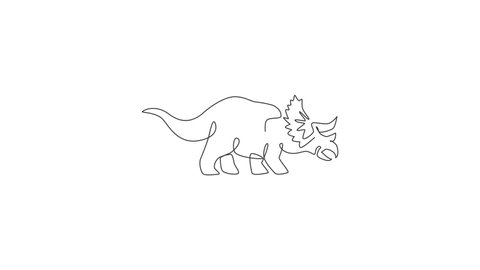 Animated self drawing of one continuous line draw adorable triceratops prehistory animal for logo identity. Dinosaurs mascot concept for prehistoric museum icon. Full length single line animation.