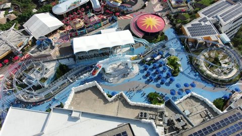 Hong Kong , China - 04 19 2021: Hong Kong rollercoaster at new Ocean park amusement park reopens after corona virus lockdown Aerial view.