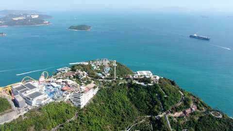 Hong Kong , China - 04 19 2021: Hong Kong new Ocean park amusement park reopens after corona virus lockdown Aerial view.