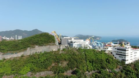 Hong Kong , China - 04 19 2021: Hong Kong new Ocean park amusement park reopens after corona virus lockdown Aerial view.