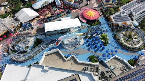 Hong Kong , China - 04 19 2021: Hong Kong rollercoaster at new Ocean park amusement park reopens after corona virus lockdown Aerial view.