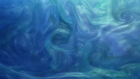Glitter fluid texture. Ink swirl. Fantasy sea wave. Blue shimmering wet flare paint flow with sparkling particles hypnotic motion abstract art layer background for intro.