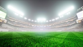 Empty night baseball and cricket arena with fans in fog and illuminated by spotlights 3d render 4k video - Powered by Shutterstock - Get 15% off with code: PIKWIZARD15