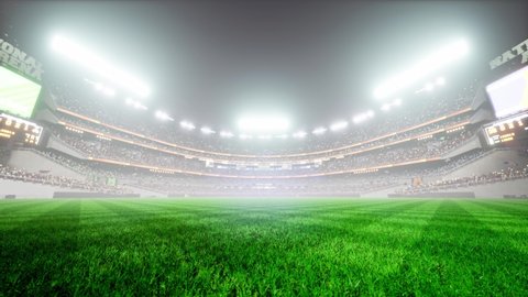 Empty night baseball and cricket arena with fans in fog and illuminated by spotlights 3d render 4k video
